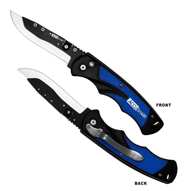 Picture of Accusharp Replaceable Blade Razor 3.50" Folding Plain Stainless Steel Blade/Royal Blue Ergonomic Anti-Slip Anodized Aluminum Handle/Includes 2 Replacement Blades/Belt Clip 