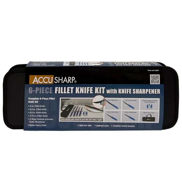 Picture of Accusharp Knife Kit 4.75/5.50/6.50/8" Fixed Fillet Plain Satin Stainless Steel Blade/ Blue Non-Slip Grip Tpr Handle Includes 2-Step Sharpener 