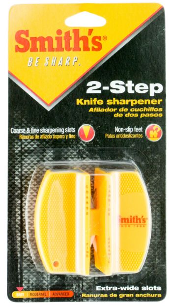 Picture of Smiths Products Knife Sharpener 2-Step Fine, Coarse Carbide, Ceramic Sharpener Rubber Handle Yellow 