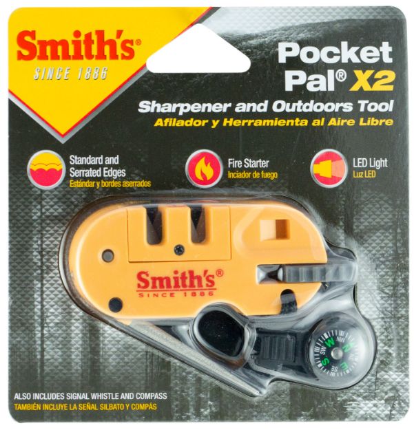 Picture of Smiths Products Pocket Pal X2 Sharpener And Outdoor Tool Hand Held Fine/Medium/Coarse Carbide, Ceramic, Diamond Sharpener Plastic Handle Yellow 