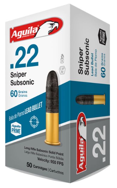 Picture of Aguila Sniper Subsonic Rimfire 22 Lr 60 Gr Lead Solid Point 50 Per Box/ 20 Cs 