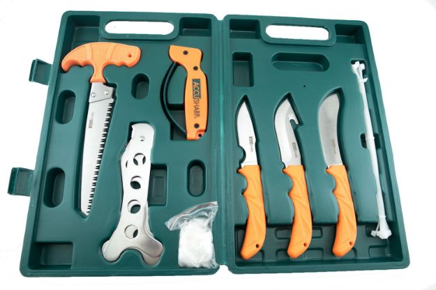 Picture of Accusharp Game Processing Kit Butcher/Caper/Gut-Hook/Bone Saw/Ribcage Spreader Gut Hook/Saw/Plain Stainless Steel Blade Orange Frn Handle 