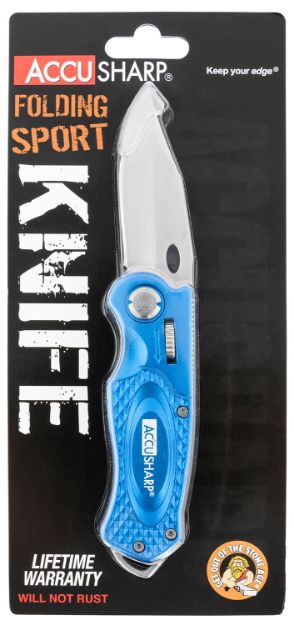 Picture of Accusharp Sport 3" Folding Plain Stainless Steel Blade/Blue Anodized Aluminum Handle Includes Belt Clip 