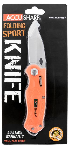 Picture of Accusharp Sport 3" Folding Plain Stainless Steel Blade/Blaze Orange Anodized Aluminum Handle Includes Belt Clip 