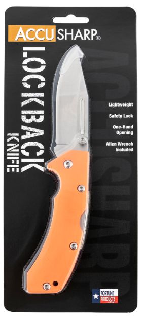 Picture of Accusharp Lockback 3" Folding Clip Point Plain Stainless Steel Blade/Blaze Orange G10 Handle Includes Allen Wrench 