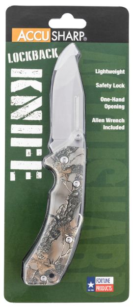 Picture of Accusharp Lockback 3" Folding Clip Point Plain Stainless Steel Blade/Camo G10 Handle Includes Allen Wrench 