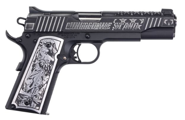 Picture of Auto-Ordnance 1911 A1 United We Stand 45 Acp 7+1 5", Black Armor Cerakote With Engraving, Serrated Slide, Aluminum W"/United We Stand, Matt 12:25" Engraved Grips, Truglo Night Sights 