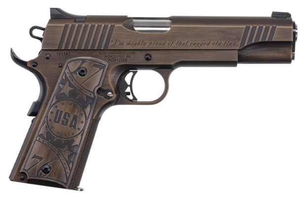 Picture of Auto-Ordnance 1911-A1 Old Glory 45 Acp 5" 7+1 Bronze Frame Black Distressed Cerakote Slide Aluminum With Old Glory, I'm Mighty Proud Of That Ragged Old Flag Engraved Grip Night Sights 