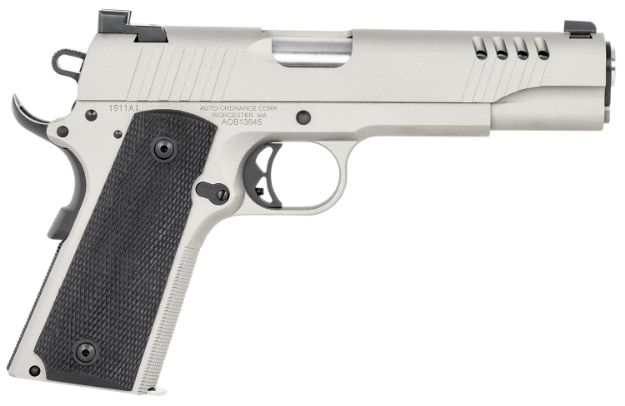 Picture of Auto-Ordnance 1911 A1 45 Acp 7+1 5" Savage Silver Cerakoate, Serrated/Ported Slide, Black Rubber Grips, Fixed 3-Dot Combat Day Sights 