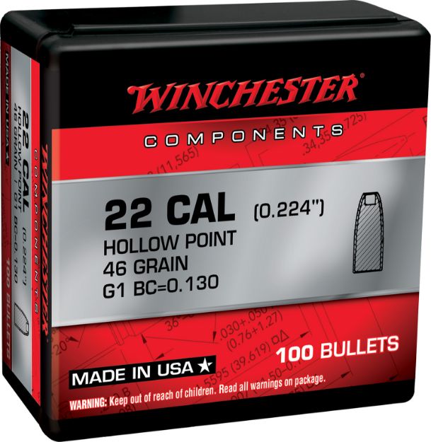 Picture of Winchester Ammo Reloading Bullets 22 Hornet .224 46 Gr Hollow Point (Hp) 