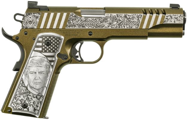 Picture of Auto-Ordnance 1911 Trump "Rally Cry" 45 Acp 5" Barrel 7+1, Black Cerakote Stainless Steel Frame, Serrated Engraved Slide, Engraved Aluminum Grip, Night Sights, Manual Safety 