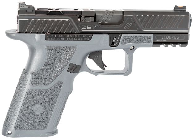 Picture of Zev Oz9c-X-Cpt-Com-G Oz9 Combat Compact 9Mm Luger Caliber With 4.49" Barrel, 17+1 Capacity, Gray Finish Picatinny Rail Frame, Serrated/Optic Cut Black Dlc Stainless Steel Slide & X Polymer Grip 