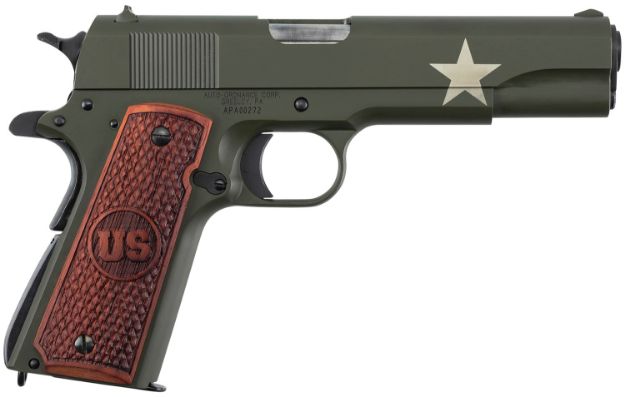 Picture of Auto-Ordnance 1911Bkoc11 1911 Tanker 45 Acp 5" Barrel 7+1, Od Green Carbon Steel Frame/Slide With Sherman Tank Star, Checkered Us Engraved Wood Grip, Manual Safety 